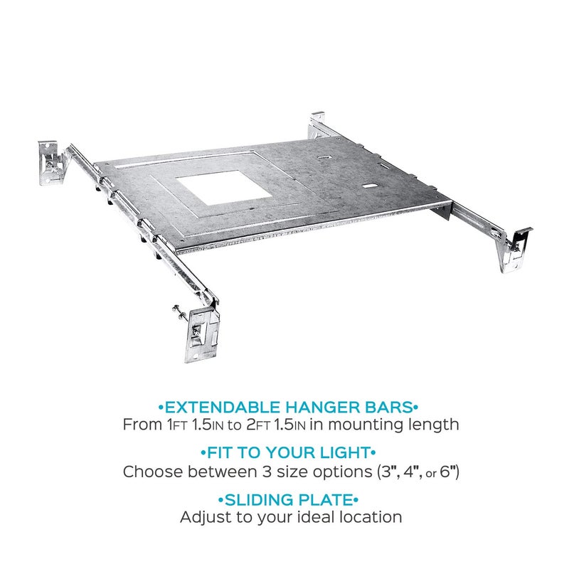 Luxrite New Construction Mounting Plate, 3-4-6 Inch Square LED Recessed Lighting Kits, Extendable Hanger Bars, ETL Listed - Shallow Recessed Light Housing (4 Pack) - Image 2